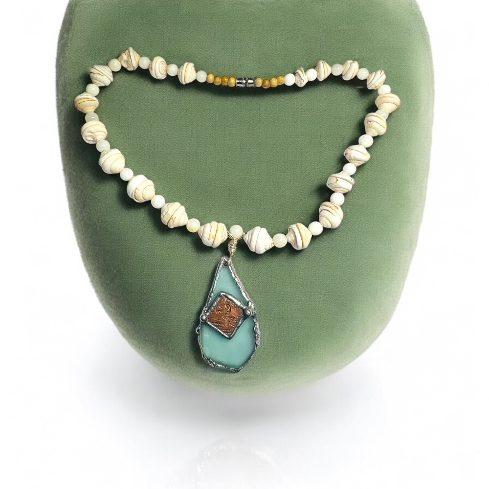 VNTG Hawaiian Heishi Puka Shell Necklace W/ Sea Glass & Copper Mermaid Pendant - Picture 13 of 16